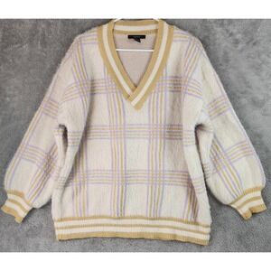 Forever 21  Sweater Womens Medium Purple Yellow Checkered Fuzzy Plaid V Neck